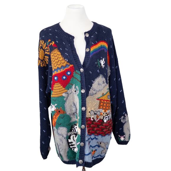 Signatures By Northern Isles II Hand Knit Vintage Noah's Ark Cardigan Sweater 1X - Picture 1 of 16